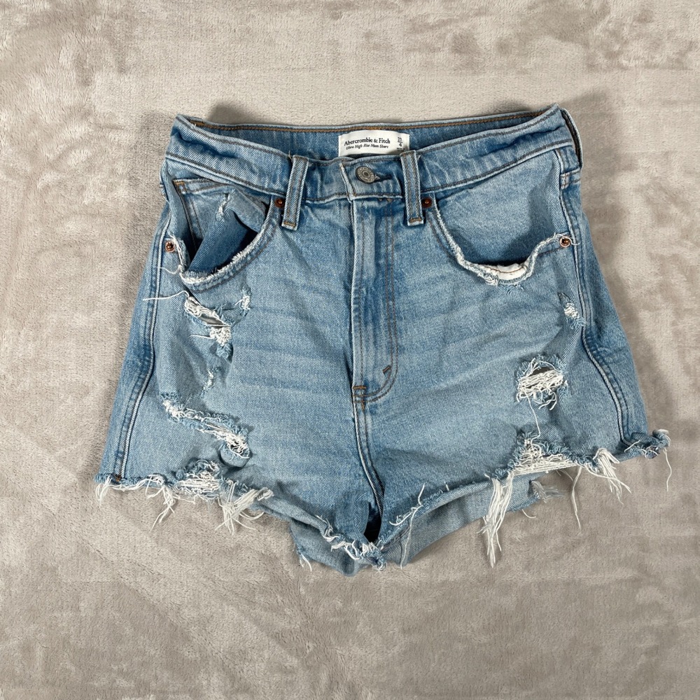Abercrombie & Fitch Women's Ultra High Rise Mom Short Distressed Denim 27_4 Blue